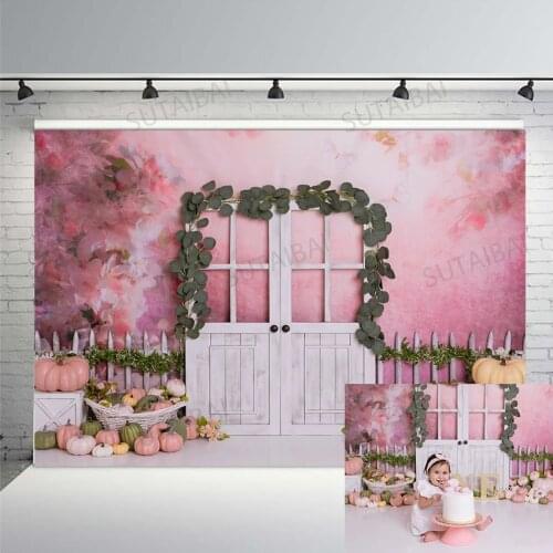 Baby Shower Backgrounds for Kids Spring Watercolor Flower Autunm Pumpkin Wood Door Decor Photography Backdrops Photo Booth