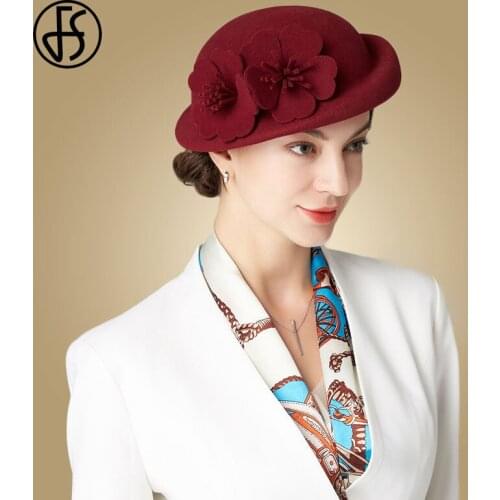FS Wool Fascinators Blue Women Fedora Hats Beret Black Red Blue Church Hats Wedding Ladies Felt Flower Berets Caps Pillbox Hat