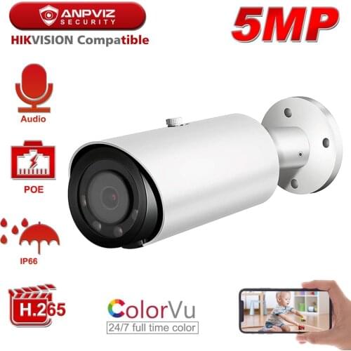 Hikvision Compatible Anpviz 5MP Starlight POE IP Camera Bullet Super Colorful Security Camera Built-in Mic Audio IP66 Onvif 30m