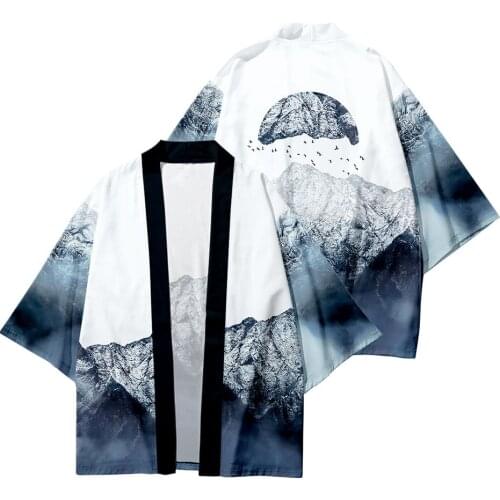 Summer Haori Kimono 3D Color Block Landscape Digital Printing Stitching Seven-point Shirt Japanese-style Robe Cardigan Loose Men
