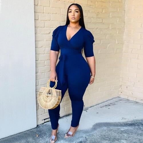 Summer New Style Short Sleeve Lace-up Rompers Long Pants Pleated Sleeves Deep V Neck Sexy Skinny Three Colors Fashion Jumpsuit