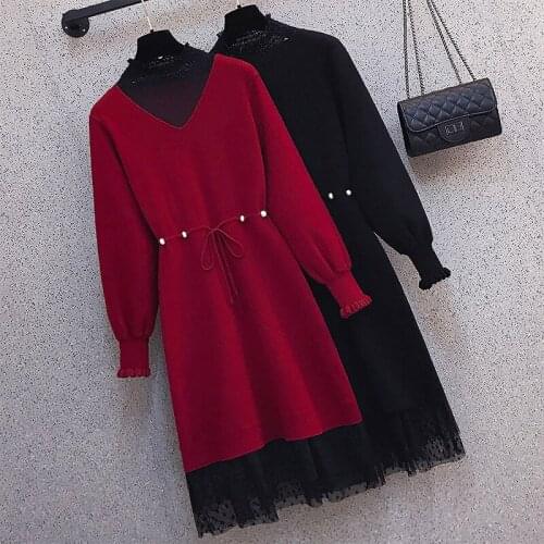 Maxi Dresses For Women 2021 Autumn Winter New Fake Two Pieces Lace Stitching Knitted Sweater Pullover With Adjustable Sash