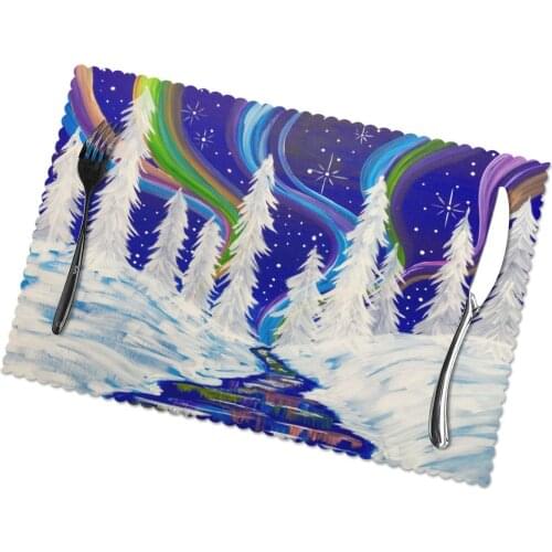 Set of 6 Aurora Borealis Winter Wonderland Landscap Placemats for Dining Table Place Mat in Kitchen Accessories Cup Wine Mat