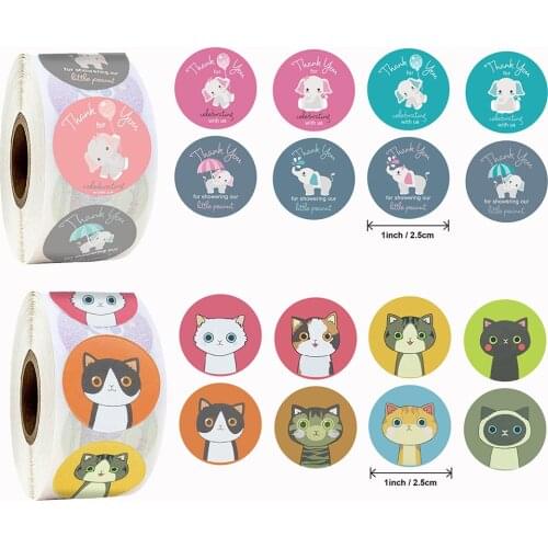 500pcs Cute Cartoon Animals Thank You Sticker 2.5CM /1inch Elephant Cat Label Childrens Gift Box/ Bag Decoration for Party