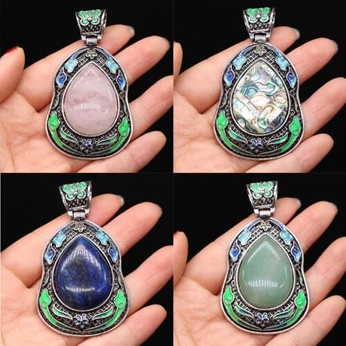 Natural Stone Lapis lazuli Pendants Water Drop Antique-Silver Alloy Crystal Pendant for Jewelry Making DIY Necklace Earrings