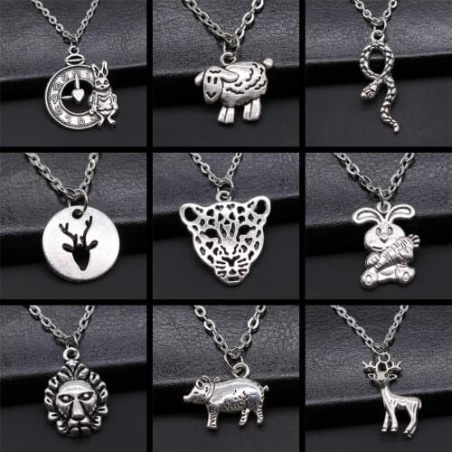 Animal Pendant Necklace Fashion Antique Silver Color Simple Zinc Alloy Rabbit Sheep Snake Deer Pig Lion Necklaces