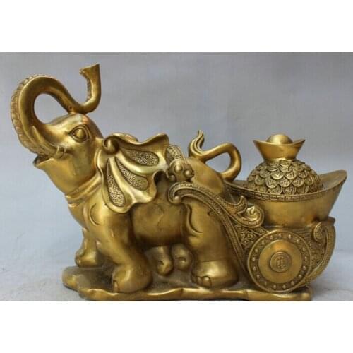 Song voge gem S2949 12" Folk Chinese Brass Lucky Auspicious Wealth Elephant Carry Treasure Statue