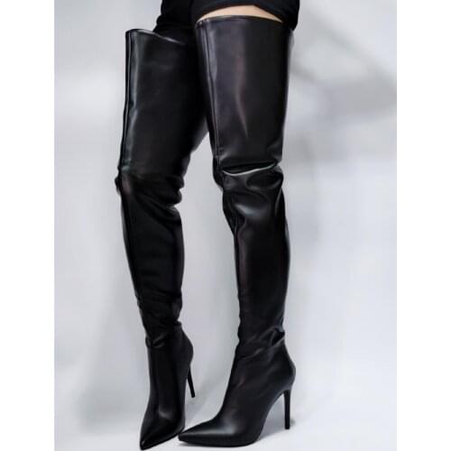 Sexy Stripper Tall Thigh High Women Leather Boots Black Stiletto High Heel Sorbern Booties Runway Crotch Rainboots Ladies Stock