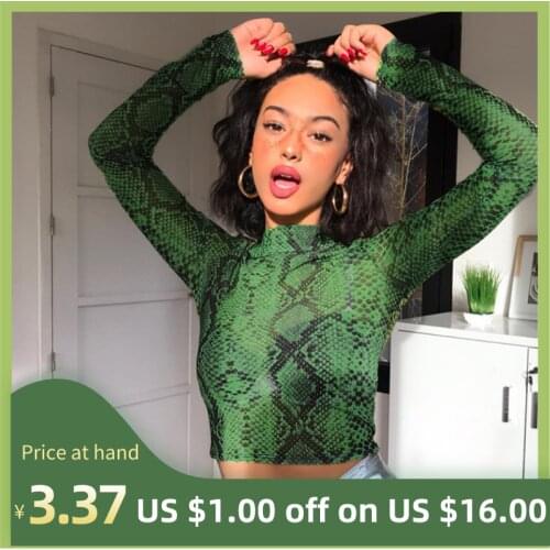 Casual Green Snake Print T Shirt Women Mesh Top Long Sleeve Transparent Snakeskin Female T-shirt High Neck Crop Tops