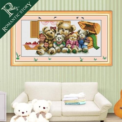 Romantic Story Teddy Bear Family Cartoon Kids Gifts Cross Stitch Needlework DIY Printing Cross Stitch Sets For Embroidery Kits