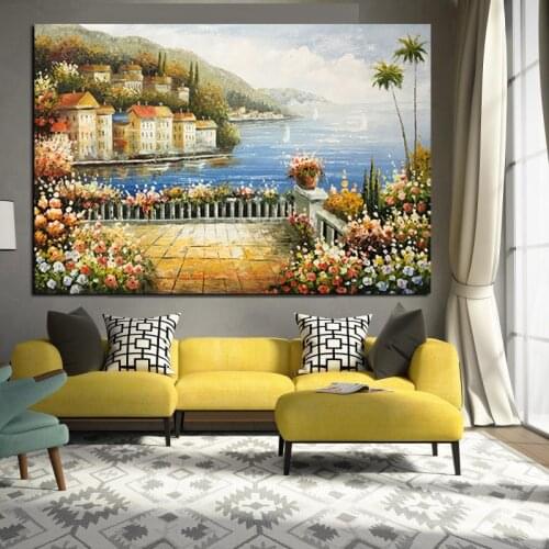Hand Painted Mediterranean Garden Landscape canvas oil painting palette Knife Oil Painting For Living Room Wall Art Oil Painting