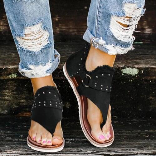 Summer Women Fashion Flip Flops Ladies Flat Jean Nail Decor Sandals Casual Comfort Buckle Zipper Up Shoes Outdoor Retro Sandals