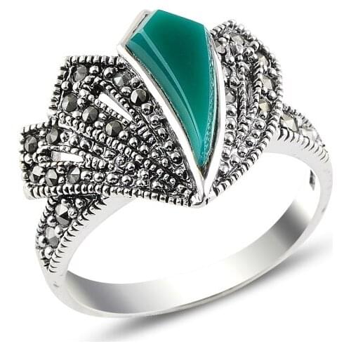 Silver 925 Sterling Green Agate & Marcasite Ring