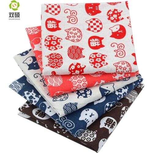 Shuanshuo Cartoon Cat Print Cotton Linen Fabric DIY Home Decoration Patchwork Fabric For Cushion,Shopping Bag,45X45CM 5pcs/lot
