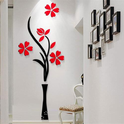 Vintage 3D Wall Stickers Vase Flower Tree Crystal Arcylic Wall Sticker Home Living Room TV Decor DIY