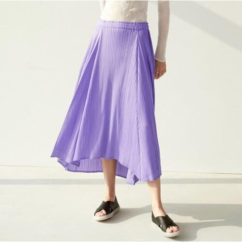 Miyake high waist Pleats irregular goddess skirt women 2020 summer large size solid color long jean holographic skirt midi