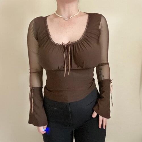 Women flare full sleeve tshirt slim elegant slim mesh patchwork transparent high street vintage T shirt 2020 femme tops