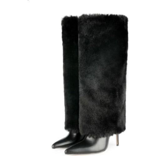 Womens Fur Tube Knee Thigh Boots Stilettos High Heel Shoes Warm Winter Thick Pointed Toe Plus Size Black White New 2022