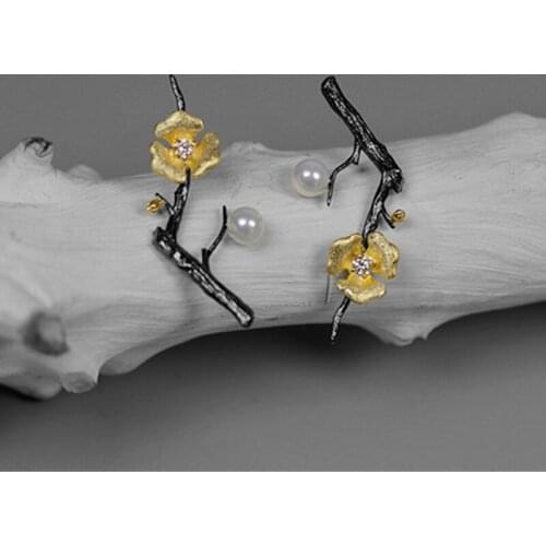 S.EAST SUN 925 Sterling Silver Handmade elegant flower branch pearl earrings are suitable for womens party wedding gifts