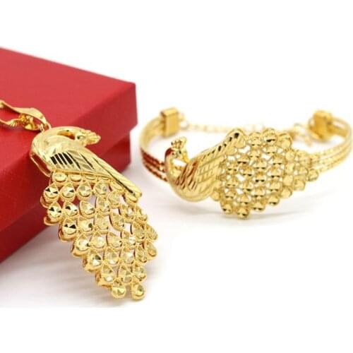 Peacock Filigree Womens Bangle+Pendant Chain Yellow Gold Filled Wedding Party Lady Jewelry Set