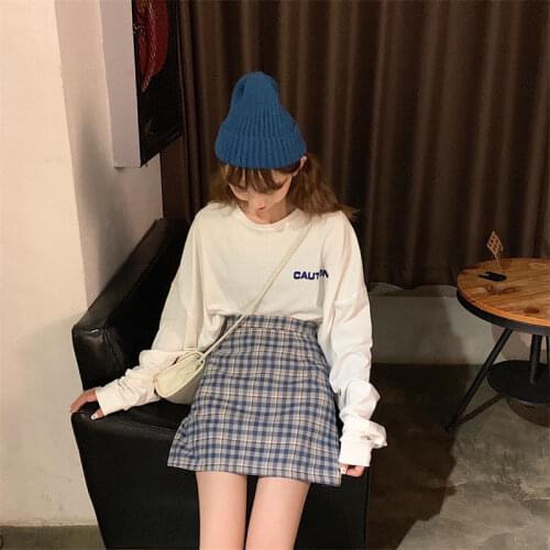 2021 New Spring and Autumn White Long-sleeved + Plaid Skirt Two-piece Suit Women