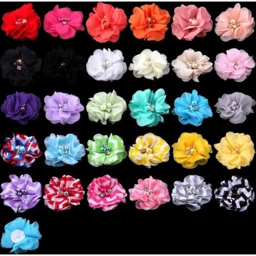10pcs/lot 2" 30 Colors NEW HOT Artificial Soft Fabric Chiffon Eyelet Flower Accessories With Clear Pearl Button For Kids Hair