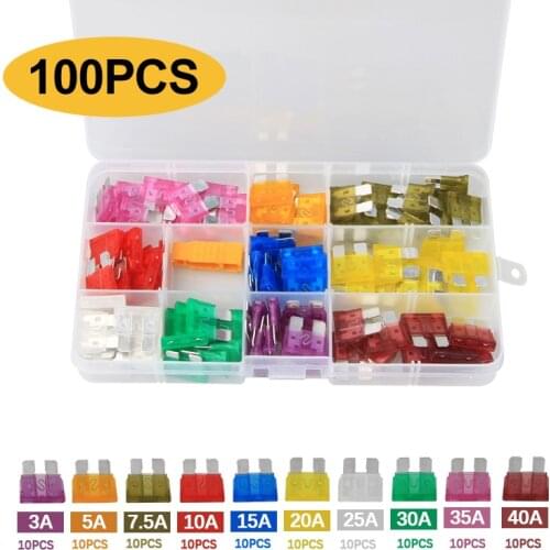 100pcs/lot Assorted Blade Car Fuses Blade Fuses Boat Motorcycle Auto Fuse 12V 3A 5A 7.5A 10A 15A 20A 25A 30A 35A 40A