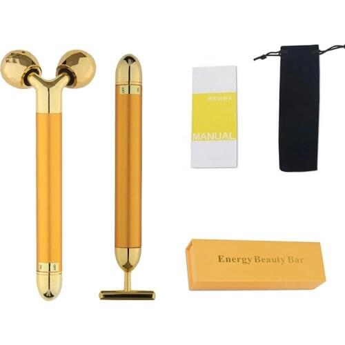 2in1 Gold 3D Roller T-Shape Massage Bar Face Lift Tighten V Face Electric Battery Vibration For Lady Skin Care Beauty Instrument