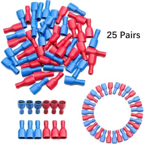 50Pcs/lot 6.3mm Female Insulated Spade Crimp Terminal Connector Set For 0.5-2.5mm Electrical Cable Wire Connectors
