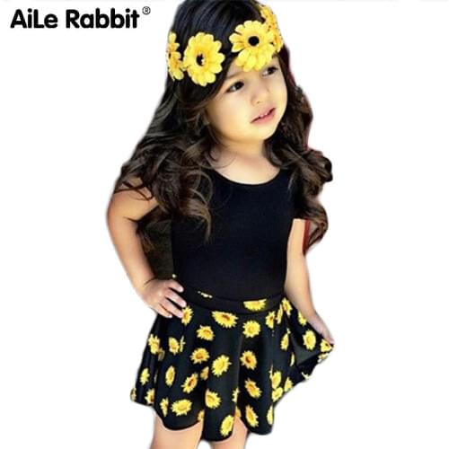 AiLe Rabbit Summer Girls 2 Piece Set Big Sale Short Sleeve T-Shirt Skirt Fashion INS Style Flower skirt childrens wear k1