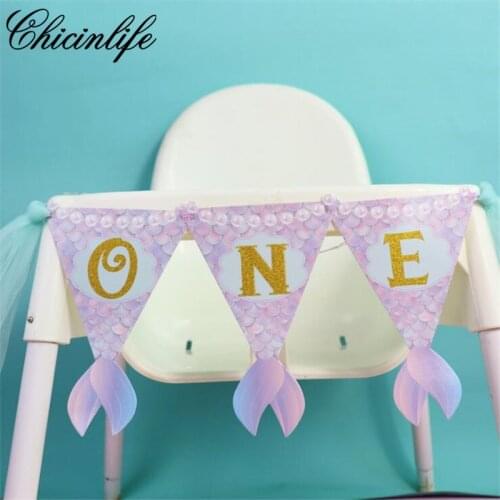 Chicinlife 1set Mermaid Themed ONE Banner Kids Birthday Party Chair Garland Flag Baby Shower First Birthday Decoration Supplies