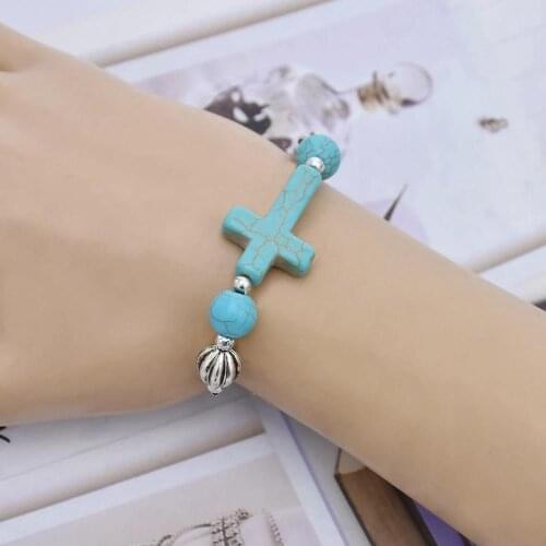 Ethnic Maxi Boho Blue Stone Beads Bracelets Trendy Hollow Carved Big Flower Cross Bracelets & Bangles Gypsy Tribal Women Jewelry