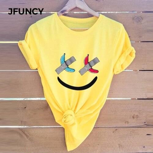 JFUNCY Plus Size S-5XL Cute Smiley Print T Shirt Women Shirts 100% Cotton Short Sleeve Woman Summer Tshirt Tops Female T-shirts