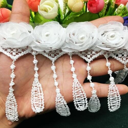 20x Tear Drop Pearl Rose Flowers Tassel Lace Trim Ribbon Fabric Mesh Embroidered Applique Wedding Dress Hat DIY Sewing Craft