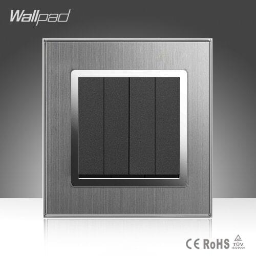 4 Gang 1 Way Wallpad 16A AC 110-250V EU UK Standard Brushed Silver Metal 4 Gang Button Hotel Lighting Switch Free Shipping