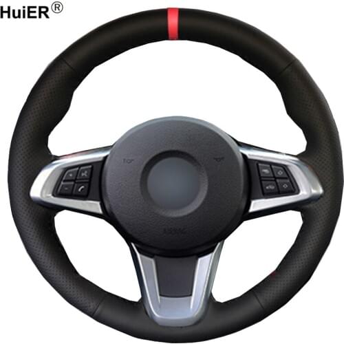 HuiER Hand Sewing Car Steering Wheel Cover For BMW Z4 2009 2010 2011 2012 2013 2014 Braid on the Steering-Wheel Red Marker