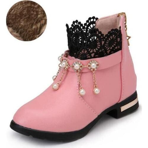 Autumn girls lace beaded plus boots PU leather high heels elegant princess casual boots