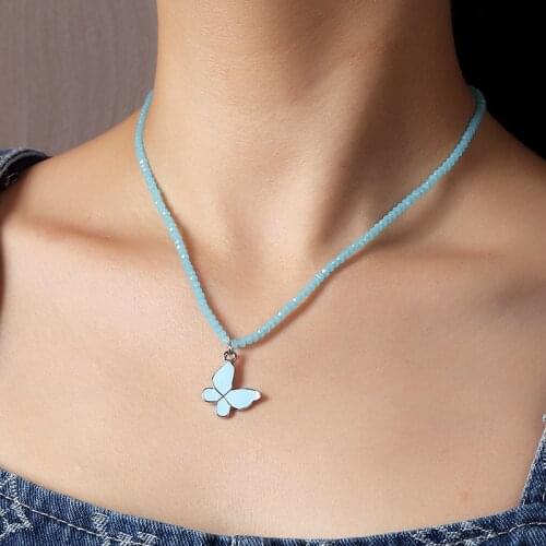 Bohemian Crystal Beads Enamel Butterfly Choker Pendant Necklace for Women Charming Bead Jewelry Beach Outfits Collares