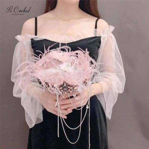 PEORCHID Luxury Feather Pink Wedding Bouquet Crystal Brooch Silk flower Jewelry Bouquets For Bride Holding flowers