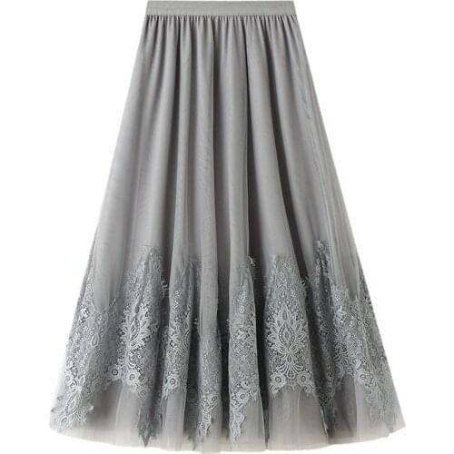 Autumn Women Ladies Pretty Midi Long Skirt WF0194 Black Grey Apricot Tulle Mesh Lace Skirts Plus Size