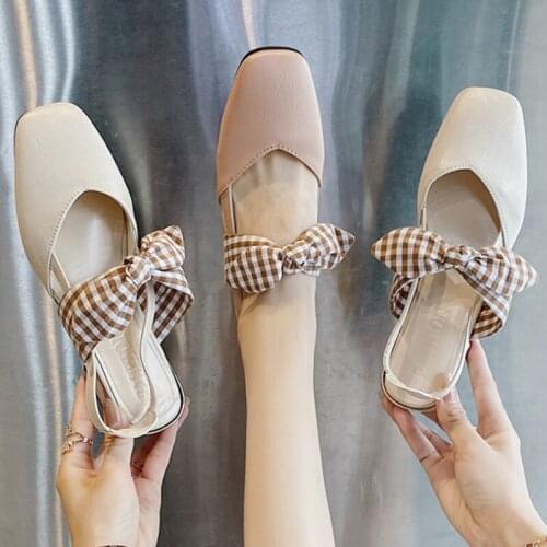 Fairy Tale Plaid Bow Tie Slingback Women Sandals Covered Toe High Heel Shoes Women Slip on Square Toe Sandals 2021