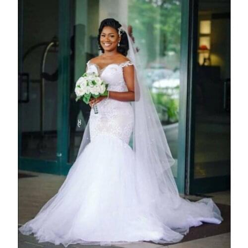 Vintage White African Mermaid Wedding Dresses 2023 Plus Size Church Wedding Gowns Tulle Lace Bride Dress For Nigeria Women
