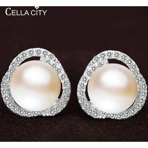 Cellacity Korean 925 Silver Earrings With Natural Freshwater Pearl Zircon Gemstone For Women Jewelry Stud Earring Wedding Gift