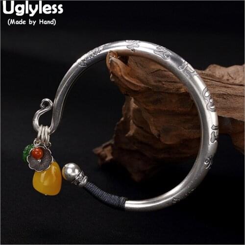 Uglyless Real Solid 999 Pure Silver Six Words Religious Open Bangles for Women Natural Amber Charms Bangle Buddhism Fine Jewelry