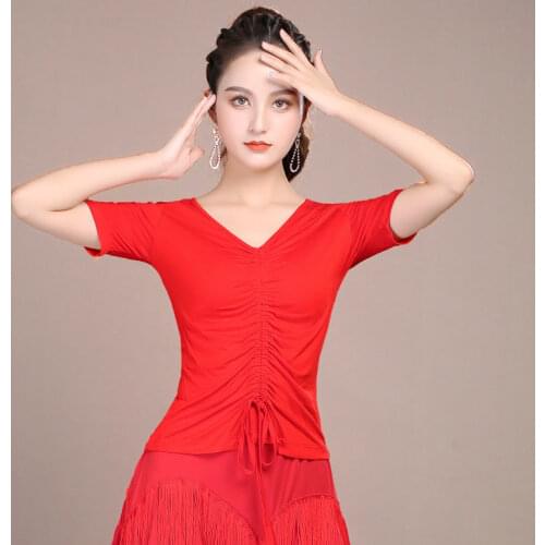 Latin Dance Top Female Adult Short Sleeve V-neck Drawstring Dance Dress New Modal Modern Dance Square Dance Clothes