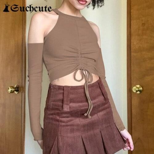 SUCHCUTE Patchwork Half Sleeve Women Crop Tops Brown Drawstring Sexy Off Shoulder Backless 90s Tops Vintage Halter Camis Ladies