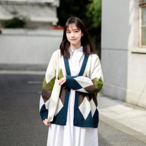 Argyle Jacquard V-neck Knit Women Cardigan 2021 Winter Long Sleeve Warm Coat Preppy Style Girly Sweety Soft Knitwear Jumpers Top
