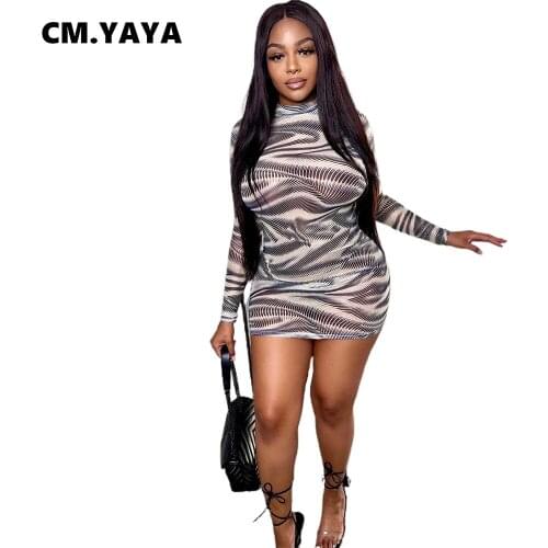 CM.YAYA Women Mini Dress Print Full Sleeve O-neck Stretchy Bodycon Skinny Pencil Dresses Sexy Fashion Vestidos Autumn Outfits