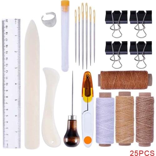 25pcs Leather Craft Bookbinding Kit Paper Creaser Waxed Thread Awl Needle Binder Clips DIY Sewing Set