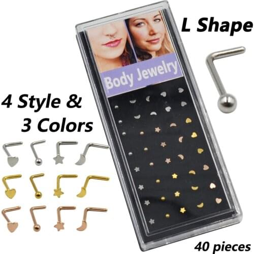 40pieces Assorted Style & Colors Heart,Moon,Star,Ball Designs L Shaped Nose Stud Rings Body Piercing Nose Bone Retainers Jewelry